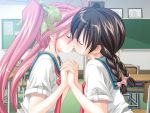  2girls blush braid brown_hair classroom game_cg hand_holding indoors kiss multiple_girls school_uniform twin_braids twintails yuri 