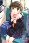  1girl bag cellphone child digital_media_player earphones earphones focke_wulf iphone looking_at_viewer phone school_uniform serafuku short_twintails sitting skirt smartphone solo_focus train train_interior twintails yellow_eyes 