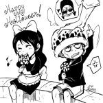  10s 1girl 2014 2boys angry baby_5 bags_under_eyes bow candy donquixote_pirates donquixote_rocinante dress hair_bow halloween hand_on_head happy_halloween hat lollipop middle_finger monochrome multiple_boys one_piece ruina shorts sick sitting smile swirl_lollipop trafalgar_law younger 