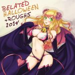  1girl :b arc_system_works bare_shoulders bell blazblue blonde_hair blush breasts cape choker cleavage costume demon_girl elbow_gloves gloves gradient_hair green_eyes halloween horns large_breasts long_hair multicolored_hair panties pink_hair smile solo succubus tail tongue tongue_out toscabear trinity_glassfield underwear wings 