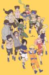  5girls 6+boys aburame_shino akamaru_(naruto) akimichi_chouji bandaged_arm bangs chips closed_eyes double_bun everyone fishnets forehead_protector full_body goggles hyuuga_hinata hyuuga_neji inuzuka_kiba lee1210 moegi multiple_boys multiple_girls nara_shikamaru naruto rock_lee sarutobi_konohamaru standing sunglasses tenten uchiha_sasuke udon_(naruto) uzumaki_naruto yamanaka_ino yellow_background 