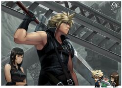  1boy 1girl agustinus black_hair blonde_hair blue_eyes border brown_eyes cloud_strife earrings final_fantasy final_fantasy_vii gloves highres huge_sword huge_weapon jewelry sleeveless sword tifa_lockhart weapon 