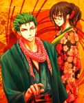  1boy 1girl alternate_costume black_hair floral_print glasses green_hair japanese_clothes kigisu one-eyed one_piece red-framed_glasses roronoa_zoro scarf smile sword tashigi weapon 