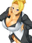  1girl :p blonde_hair blue_eyes blush breasts choker cleavage dress earrings female from_above hair_bun huge_breasts jewelry kawanuma_uotsuri king_of_fighters licking_lips long_skirt mature_(kof) no_legwear short_hair simple_background skirt smile solo standing the_king_of_fighters thighs tongue tongue_out white_background 