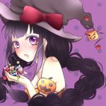  1girl black_hair braid candy eyeshadow halloween hat hyuuga_hinata long_hair looking_at_viewer makeup naruto negimiso5 solo twin_braids violet_eyes witch_hat 