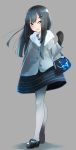  1girl alternate_costume anchor_clip asashio_(kantai_collection) bag black_gloves black_hair blue_eyes buttons coat comah dress gloves grey_background grey_legwear hair_ornament hairclip kantai_collection long_hair looking_at_viewer mary_janes open_mouth pantyhose shoes smile solo 