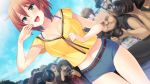  1girl ane_yome_quartet ayase_hazuki belt blush breasts camera clouds game_cg green_eyes hanabishi_anzu happy hisashi_(nekoman) large_breasts legs looking_away midriff navel open_mouth orange_hair short_hair short_shorts shorts sky smile sweat tears thighs 