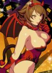  1girl antennae bare_shoulders breasts brown_eyes brown_hair cleavage cosplay demon_girl demon_tail demon_wings female gloves hair_ornament halloween highleg highres horns kantai_collection kuroiani large_breasts leotard lipstick makeup mutsu_(kantai_collection) night red_gloves red_lipstick short_hair solo standing tail wings 