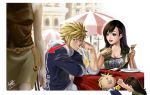  1boy 1girl agustinus black_hair blonde_hair blue_eyes border chin_rest cloud_strife final_fantasy final_fantasy_vii glass highres paper sitting skirt smile straw table tifa_lockhart 