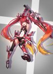  1girl arms_up elbow_gloves genderswap gloves hair_ornament huazang leotard long_hair looking_back mecha_musume mitsuka_souji multicolored_hair open_mouth ore_twintail_ni_narimasu red_eyes redhead solo sword tailred thigh-highs twintails very_long_hair weapon 