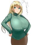  1girl atago_(kantai_collection) blonde_hair breasts female green_eyes huge_breasts kantai_collection kloah long_hair pout simple_background solo standing sweater white_background 