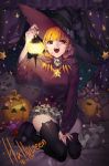  1girl animal brown_eyes candy dated dolnamu female halloween hat heterochromia jack-o&#039;-lantern mouse open_mouth orange_hair original sitting skirt skull smile solo star star-shaped_pupils symbol-shaped_pupils thigh-highs witch witch_hat 
