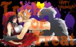  1boy 1girl all_fours animal_ears black_hair blonde_hair blue_eyes cloud_strife eye_contact final_fantasy final_fantasy_vii halloween leaning_back looking_at_another red_eyes ru-s13 sitting tail tifa_lockhart 