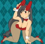  1girl all_fours animal_ears breasts bunny_girl cleavage cuffs earrings final_fantasy final_fantasy_vii high_heels jewelry large_breasts long_hair looking_at_viewer low-tied_long_hair pantyhose rabbit_ears red_eyes solo tied_hair tifa_lockhart very_long_hair wide_hips yarou123 