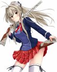  1girl amagi_brilliant_park antenna_hair blush bow breasts brown_eyes brown_hair gun hair_ribbon large_breasts long_hair looking_at_viewer musket ponytail ribbon sento_isuzu skirt solo standing thigh-highs thighs uniform weapon white_legwear yellow_eyes 