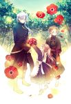  1girl 2boys bandage blonde_hair blush dress flower glasses leaf liam_lunettes long_hair multiple_boys pandora_hearts ponytail red_eyes sharon_rainsworth silver_hair tree winniconan xerxes_break younger 