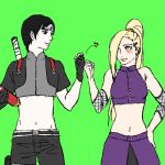  1boy 1girl aaa_(146503) black_hair blonde_hair blush fingerless_gloves gloves long_hair lowres midriff naruto naruto_shippuuden navel ponytail sai smile yamanaka_ino 