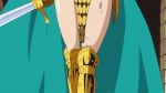  1girl animated animated_gif armor bikini_armor breasts cape dressrosa female gladiator gloves helmet huge_breasts navel one_piece pink_hair rebecca_(one_piece) screencap solo sword weapon 