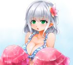  1girl amagi_brilliant_park bare_shoulders bikini blue_hair blush breasts cleavage flower green_eyes hair_flower hair_ornament large_breasts muse_(amaburi) pointy_ears pom_poms short_hair solo swimsuit 