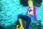  1boy blonde_hair blue_eyes blue_fire fiery_wings fire flying jolly_roger male_focus marco muscle one_piece pirate purple_shirt shirt solo talons tattoo transformation whitebeard_pirates wings zoeysue 