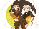  1boy 1girl animal_ears bare_legs blonde_hair boots candy candy_cane costume cupcake ghost green_eyes grin halloween happy_halloween hat jack-o&#039;-lantern maka_albarn pumpkin red_eyes short_hair simple_background skirt smile soul_eater soul_eater_evans tail teeth twintails white_background white_hair witch_hat 