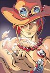  1boy 89139804364 bracelet fire freckles hat hat_over_one_eye jewelry male_focus necklace one_piece portgas_d_ace solo stampede_string topless 