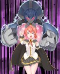  &gt;_&lt; 1girl ahoge android arc_system_works attack blazblue blazblue:_chronophantasma blush breasts cape celica_a_mercury clenched_hand closed_eyes flower kuroshiro_(ms-2420) long_hair minerva_(blazblue) open_mouth ponytail red_eyes redhead robot school_uniform shiny shiny_skin small_breasts 
