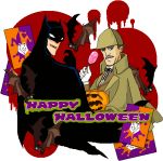  2boys bat batman batman_(series) bruce_wayne candy cape capelet costume dc_comics deerstalker facial_hair fangs gloves grey_hair halloween happy_halloween hat inverness_cape lollipop lowres male_focus mask multiple_boys mustache sherlock_holmes sherlock_holmes_(series) transparent_background 