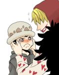  2boys bags_under_eyes blonde_hair donquixote_rocinante fur_coat hat heart_print hood hoodie kaz_(mokemoke9) lowres multiple_boys one_piece sick smile tears trafalgar_law younger 