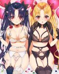  2girls absurdres alternate_costume bangs black_bra black_gloves black_hair black_legwear black_panties blonde_hair blush bra breasts cape collarbone commentary_request earrings ereshkigal_(fate/grand_order) fate/grand_order fate_(series) fur_collar fur_trim gloves highres ishtar_(fate)_(all) ishtar_(fate/grand_order) jewelry large_breasts lingerie long_hair looking_at_viewer multiple_girls myao_(o3o333) navel panties parted_bangs red_eyes ribbon skull smile thigh-highs two_side_up underwear white_bra white_gloves white_legwear white_panties 