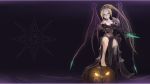  1girl absurdres artist_request blonde_hair closed_mouth collarbone female green_eyes gun halloween highres holding holding_weapon jack-o&#039;-lantern long_hair midriff navel nova_(starcraft) ponytail pumpkin smile solo starcraft weapon wings 