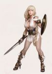  1girl blonde_hair breasts cleavage earrings full_body gladiator_sandals jewelry kim_bum large_breasts long_hair looking_at_viewer sandals shield solo sophitia_alexandra soul_calibur soulcalibur_iv standing sword weapon 