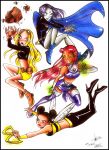  4girls alien bee_costume black_hair blonde_hair blue_eyes boots brown_eyes bumble_bee cape cartoon_network cloak dark_skin dc_comics double_bun flying forehead_jewel gloves glowing glowing_eyes goggles goggles_on_head green_eyes high_heels hood insect_wings karen_beecher leotard long_hair long_sleeves midriff multiple_girls pants purple_hair raven_(dc) redhead rock shirt short_hair shorts sleeveless solid_eyes starfire striped striped_shirt teen_titans terra_(dc) thigh-highs thigh_boots vambraces wings 