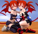  2girls 3d animated animated_gif ass bare_shoulders beanis black_skirt breasts disgaea dual_persona etna heart miniskirt multiple_girls red_eyes redhead skirt small_breasts smile strapless tail thigh-highs twintails 