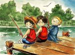  3boys 89139804364 blonde_hair brothers brown_hair fishing fishing_rod missing_tooth monkey_d_luffy multiple_boys one_piece outdoors portgas_d_ace sabo_(one_piece) siblings sitting trio water younger 