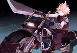  1boy blonde_hair blue_eyes cloud_strife final_fantasy final_fantasy_vii final_fantasy_vii_g-bike gloves ground_vehicle highres huge_sword huge_weapon male_focus motor_vehicle motorcycle orqz sitting solo sword vehicle weapon 