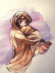  1girl braid brown_hair feet madotsuki tamiczan towel traditional_media watercolor_(medium) yume_nikki 