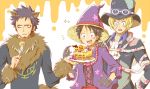  3boys animal_ears bandage black_hair blonde_hair blue_hair brothers cravat earrings food fork gloves goggles halloween hat jewelry monkey_d_luffy multiple_boys mummy mummy_costume one_piece sabo_(one_piece) scar siblings smile straw_hat top_hat trafalgar_law witch_hat wolf_costume wolf_ears 