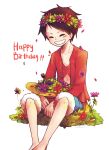  1boy birthday closed_eyes denim denim_shorts flower hat headwear_removed long_sleeves male_focus mino_cat monkey_d_luffy one_piece open_clothes open_shirt red_shirt scar shirt shorts sitting smile solo straw_hat 
