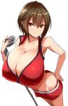  1girl bare_shoulders breasts brown_eyes brown_hair cleavage collarbone female from_above huge_breasts kloah meiko microphone shiny shiny_skin short_hair standing vocaloid 