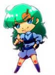  1girl blue_eyes chibi elchi_cargo female full_body green_hair hand_on_hip long_hair no_pupils pointing sentou_mecha_xabungle solo white_background 