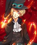 1boy artist_name belt blonde_hair blue_eyes blue_shirt character_name cravat curry_gohan fire goggles goggles_on_headwear hat jacket male_focus one_piece sabo_(one_piece) scar shirt smile solo top_hat 
