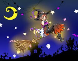  00s 1girl broom brown_eyes brown_hair cape costume digimon digimon_adventure_02 halloween hat short_hair smile solo star tailmon witch_hat yagami_hikari 