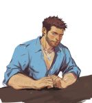  1boy bar batman_(series) batman_beyond blue_eyes blue_shirt brown_hair collared_shirt dc_comics facial_hair jewelry leaning male_focus necklace open_collar shirt smile solo stubble tim_drake 