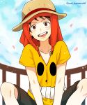  1boy brown_eyes curry_gohan hat indian_style male_focus monkey_d_luffy one_piece one_piece_film_z shirt sitting smile smiley solo straw_hat t-shirt 