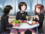  3girls amagami black_eyes black_hair black_legwear blush bow bowtie breasts brown_hair can chair chopsticks closed_eyes eating flat_chest food happy legs long_hair multiple_girls nakata_sae nanasaki_ai same school_uniform short_hair sitting skirt smile spoon table tachibana_miya thighs twintails 