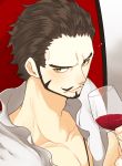  1boy alcohol black_hair chair chinstrap cup curry_gohan dracule_mihawk glass jewelry kuraigana_island male_focus necklace one_piece red_upholstery shichibukai shirt solo white_shirt wine wine_glass yellow_eyes 