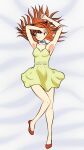  1girl armpits arms_up bangs bed blue_eyes dakimakura_(medium) dress hair_between_eyes highres long_hair looking_at_viewer lying md5_mismatch neon_genesis_evangelion on_back shoes solo souryuu_asuka_langley twintails 