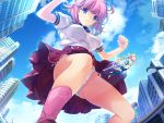  2girls blonde_hair blue_eyes breasts building busou_shoujotai_blade_briders city clouds flying game_cg giantess large_breasts legs looking_down min-naraken multiple_girls panties pink_hair serious short_hair skirt sky standing thighs twintails underwear upskirt weapon 