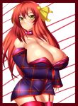  1girl bare_shoulders breasts cleavage collar curvy detached_sleeves dress female garter_belt hair_ornament highres huge_breasts jcdr long_breasts long_hair miniskirt red_legwear redhead skirt solo standing thigh-highs yellow_eyes 